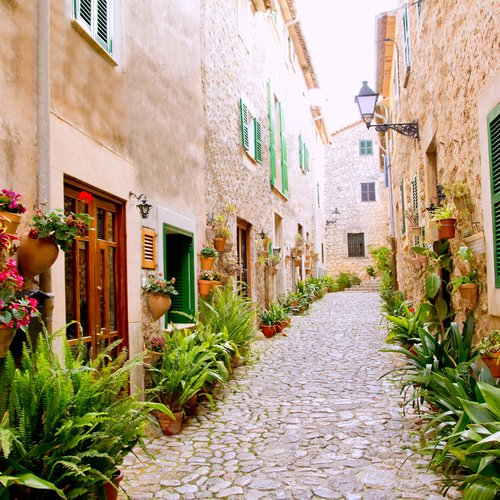 Majorca Valldemossa Typical Village with Flower Pots in Facades at Spain  - Spain Honeymoon Packages from India