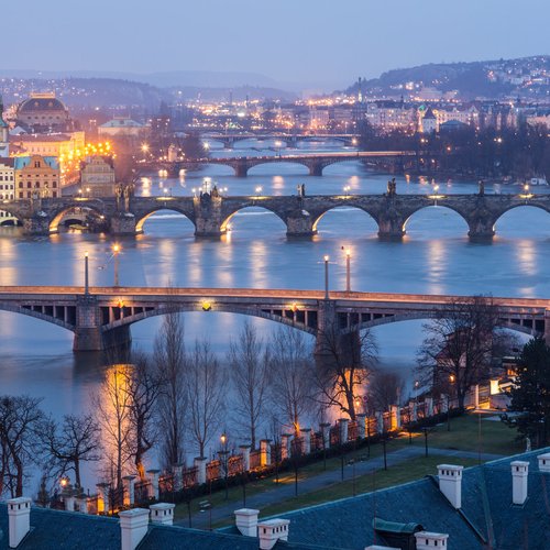 prague at twilight, view of bridges on vltava