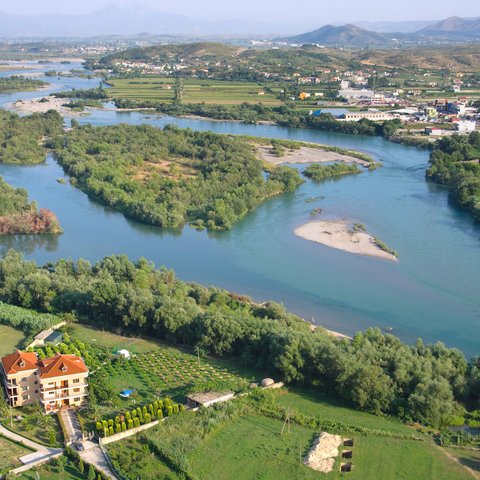 aerial view on the buna river from rozafa castle, shkodra 