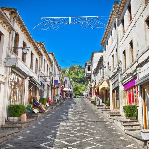 main street of historic town gjirokasteron in gjirokaste