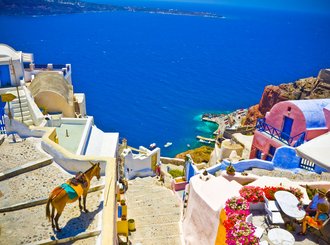 the view on oia town with a donkey, santorini